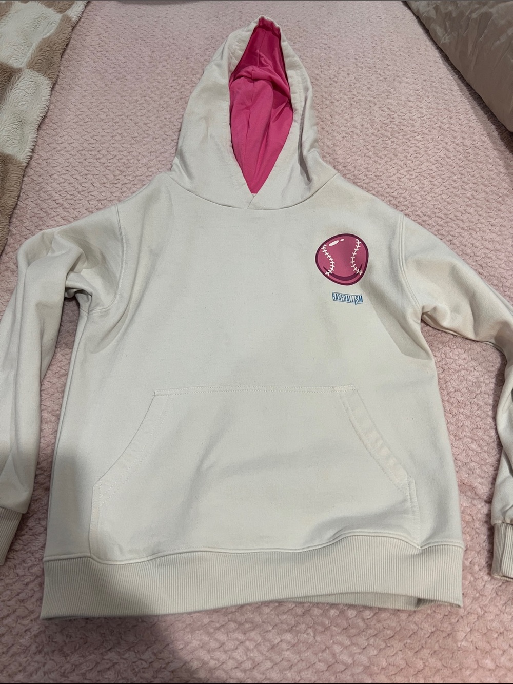 Baseballism Cream Hoodie with Pink Lined Hood & Pink Baseball Graphic